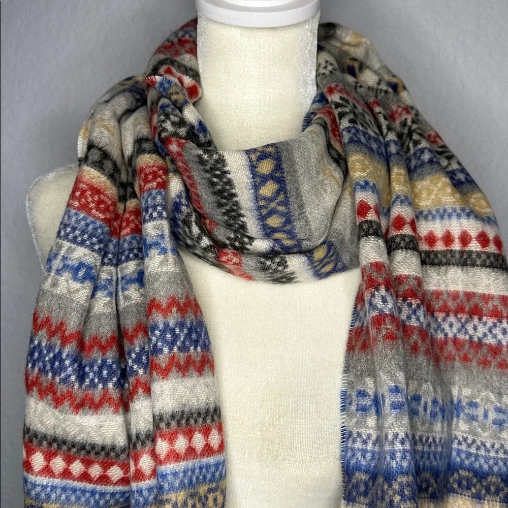 V Fraas Casmink Multicolor Fairisle Patterned Winter Scarf with Fringe 70”x15”